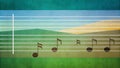 Abstract music notes on a vintage music staff with a landscape background Royalty Free Stock Photo