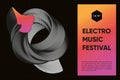 Abstract music poster with 3d shapes. Experimental minimal art design. Dance techno festival background with guilloche