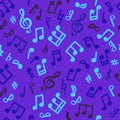 Abstract music seamless pattern of music notes. blue, red and violet music background. Royalty Free Stock Photo