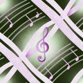 Abstract music theme with purple musical notes on green and white Royalty Free Stock Photo