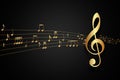 Abstract musical background. Gold music notes and treble clef on line wave of sound tune Royalty Free Stock Photo