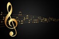 Abstract musical background. Gold music notes and treble clef on line wave of sound tune Royalty Free Stock Photo