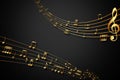 Abstract musical background. Gold music notes and treble clef on line wave of sound tune Royalty Free Stock Photo