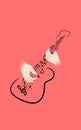 Abstract musical background. Hands holding silhouette guitar instrument with musical notes on line wave of sound tune. Design