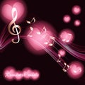 Abstract musical background with notes in the rays of a spotlight pink