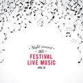 Abstract musical concert flyer with black notes on white background.