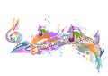 Abstract musical design with colorful splashes and musical waves, notes.