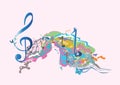 Abstract musical design with a colourful treble clef and musical waves, notes and splashes. Royalty Free Stock Photo