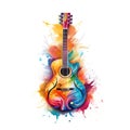 Abstract musical design with guitar and colorful splashes, notes and waves. Royalty Free Stock Photo