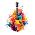 Abstract musical design with guitar and colorful splashes, notes and waves. Royalty Free Stock Photo