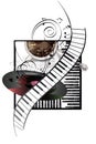 Abstract musical design with piano and a coffee cup