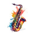 Abstract musical design with saxophone and colorful splashes, notes and waves. Royalty Free Stock Photo