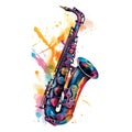 Abstract musical design with saxophone and colorful splashes, notes and waves. Royalty Free Stock Photo