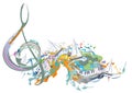 Abstract musical design with a treble clef and colorful splashes, notes and waves. Colorful treble clef. Royalty Free Stock Photo