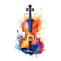 Abstract musical design with violin and colorful splashes, notes and waves. Royalty Free Stock Photo