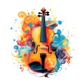 Abstract musical design with violin and colorful splashes, notes and waves. Royalty Free Stock Photo
