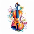 Abstract musical design with violin and colorful splashes, notes and waves. Royalty Free Stock Photo