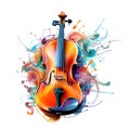 Abstract musical design with violin and colorful splashes, notes and waves. Royalty Free Stock Photo