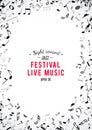 Abstract musical frame and border with black notes on white background.