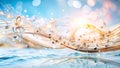 Abstract musical notes flowing through a luminous blue sky with bokeh lights and reflections on water Royalty Free Stock Photo