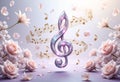 Abstract musical purple background with treble clef and flowers Royalty Free Stock Photo