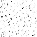 Abstract musical seamless pattern with black notes on white background.