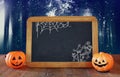 Abstract, mysterious background of blurred forest and blackboard