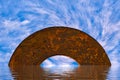 Abstract mystical semi-circular archway in the ocean with swirling white clouds