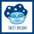 Abstract naive fantasy sleeping moon portrait. Sweet dreams card. Surreal happy dreaming face in hight cap or part of night sky Royalty Free Stock Photo