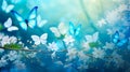 Abstract natural spring background with butterflies and light blue dark meadow flowers closeup. Royalty Free Stock Photo