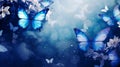 Abstract natural spring background with butterflies and light blue dark meadow flowers closeup. Royalty Free Stock Photo