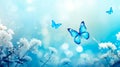 Abstract natural spring background with butterflies and light blue dark meadow flowers closeup. Royalty Free Stock Photo