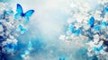 Abstract natural spring background with butterflies and light blue dark meadow flowers closeup. Royalty Free Stock Photo