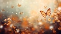 Abstract natural spring background with butterflies and light brown meadow flowers closeup. Royalty Free Stock Photo