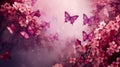 Abstract natural spring background with butterflies and light burgundy meadow flowers close-up. Royalty Free Stock Photo