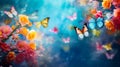 Abstract natural spring background with butterflies and light colorful colorful dark meadow flowers closeup. Royalty Free Stock Photo