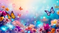 Abstract natural spring background with butterflies and light colorful colorful dark meadow flowers closeup. Royalty Free Stock Photo