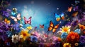 Abstract natural spring background with butterflies and light colorful colorful meadow flowers closeup. Royalty Free Stock Photo