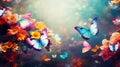 Abstract natural spring background with butterflies and light colorful colorful dark meadow flowers closeup. Royalty Free Stock Photo