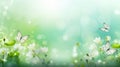 Abstract natural spring background with butterflies and light green meadow flowers close-up. Royalty Free Stock Photo