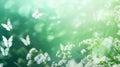 Abstract natural spring background with butterflies and light green meadow flowers close-up. Royalty Free Stock Photo