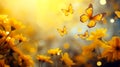 Abstract natural spring background with butterflies and light multi-colored yellow dark meadow flowers close-up. Royalty Free Stock Photo