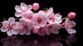 Natural spring background light rosy flowers close up. Branch of pink white sakura cherry on a black background