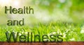 Abstract naturalist background with blur light grass and 3d health and wellness text with reflective glass effect