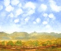 Nature background with fluffy clouds and field. hand drawn watercolor painting