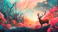 abstract nature background illustration art with red trees forest and deer , ai generated Royalty Free Stock Photo