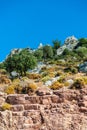 Abstract nature background with wall of rock, sky and green crowns of forest Royalty Free Stock Photo