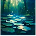 abstract nature background with water lily and green forest in night Generative AI Royalty Free Stock Photo