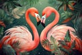 Two flamingo birds making heart shape with necks