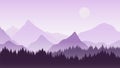 Abstract nature purple, blue background. Landscape mountains, rocks silhouettes, hills and forest. Moon on starry sky Royalty Free Stock Photo